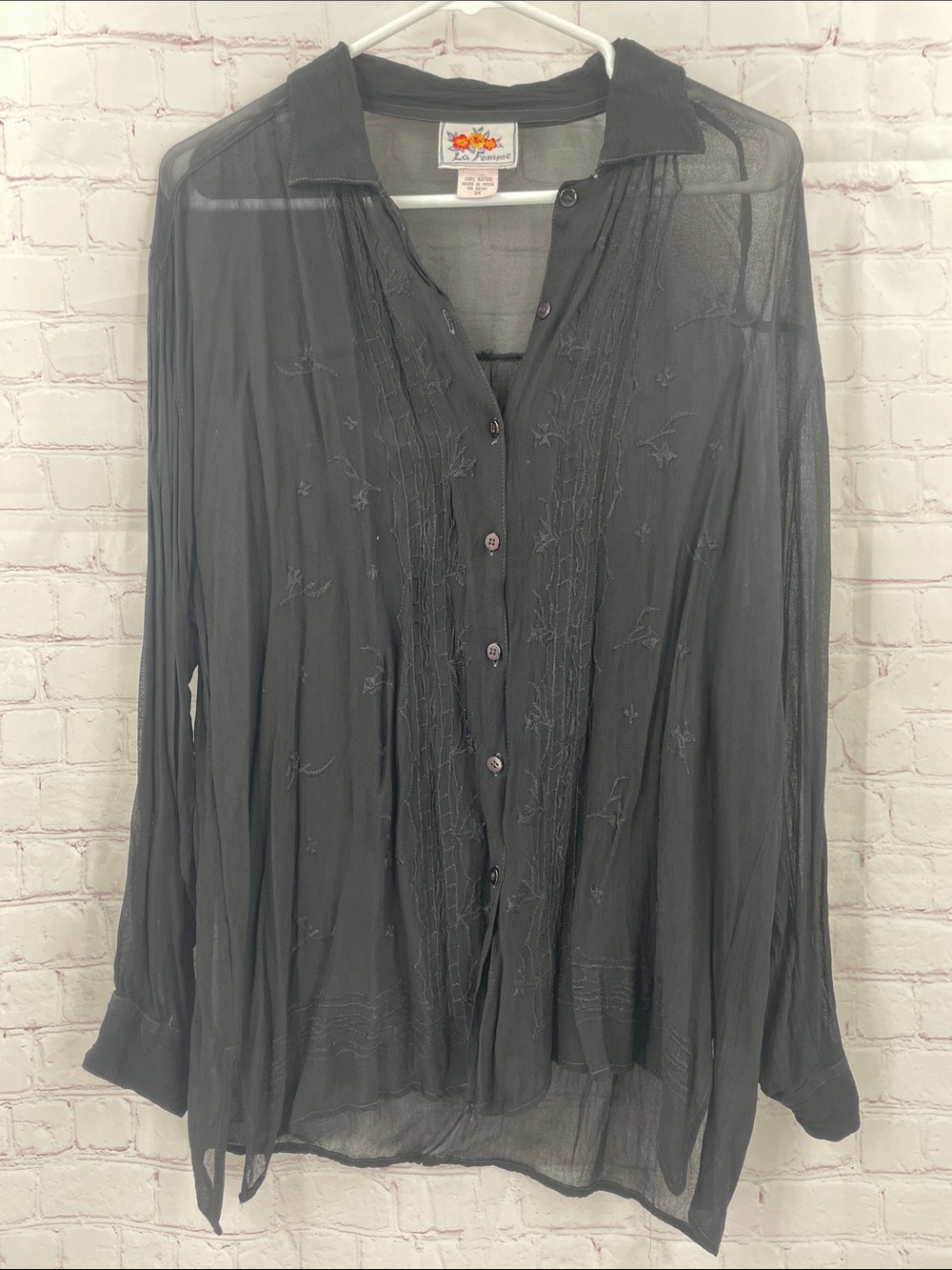 La Femme Sheer Black Embroidered Button-Down Blouse 3x